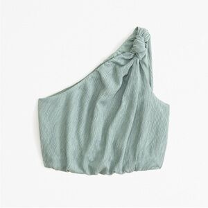 Abercrombie & Fitch Asymmetrical One-Shoulder Knotted Crinkle Top Sage Green XS